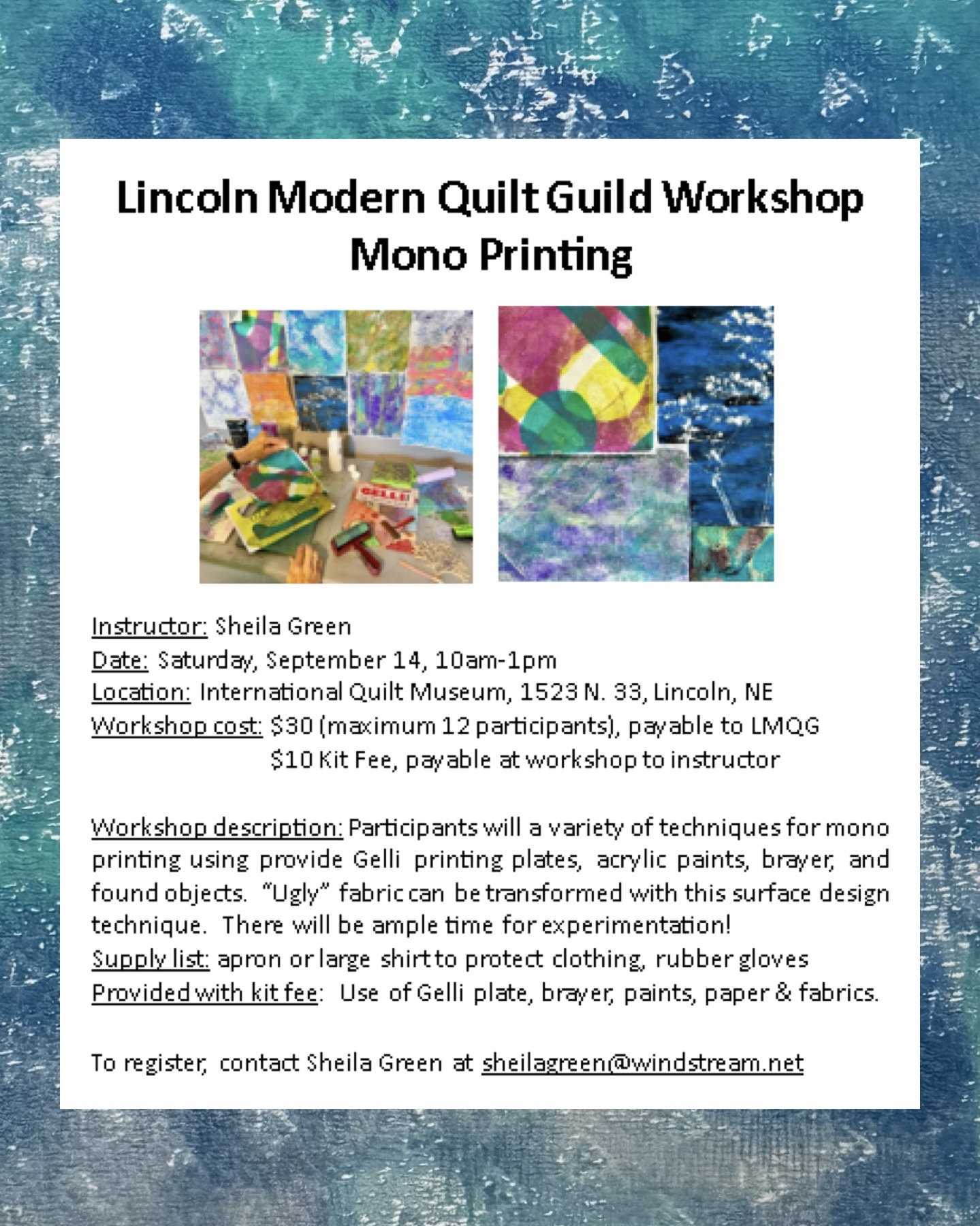 Lincoln Modern Quilt Guild workshop: mono printing