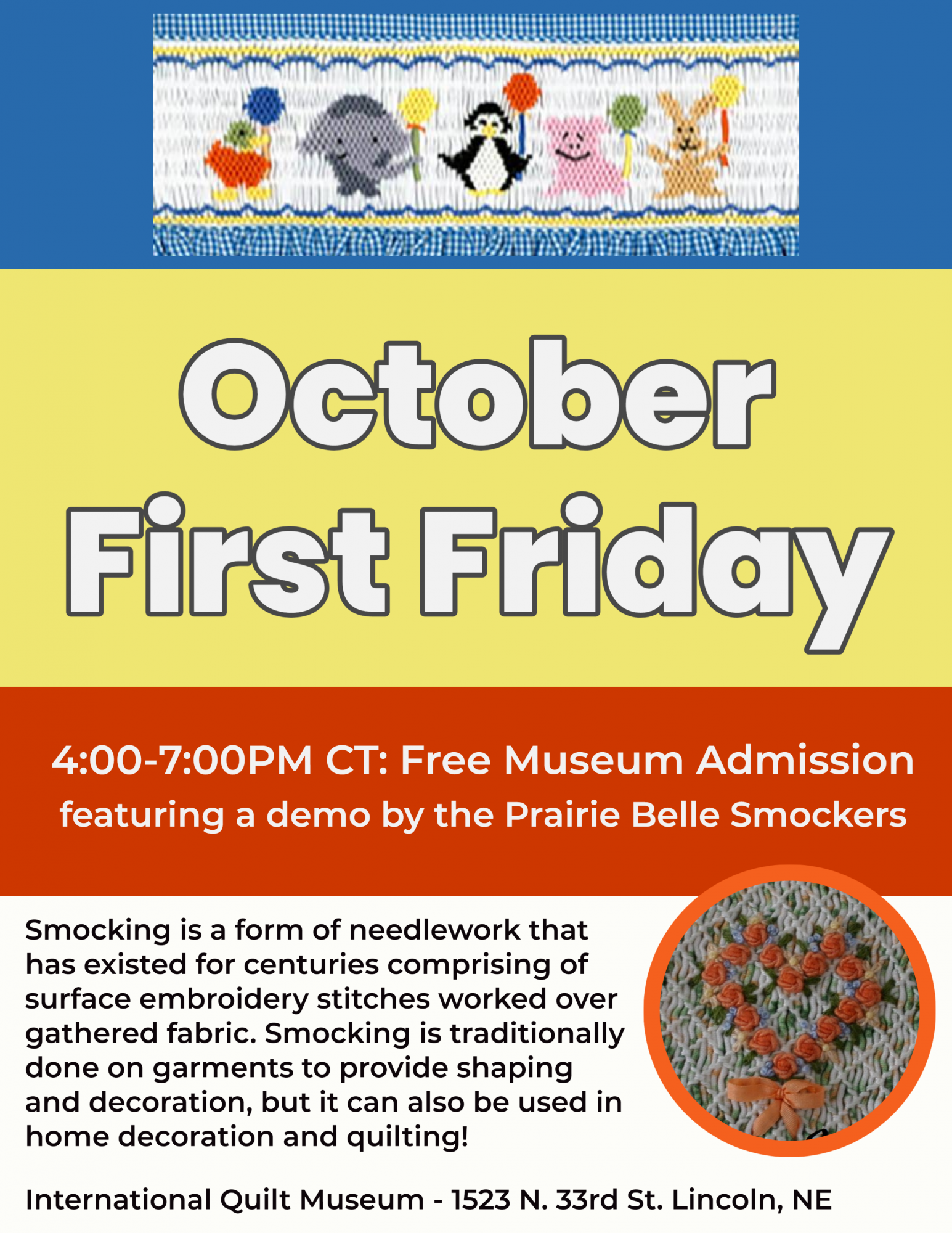October First Friday + a demo by the Prairie Belle Smockers