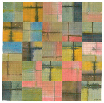 multiple blocks of hand-dyed fabric, quilted