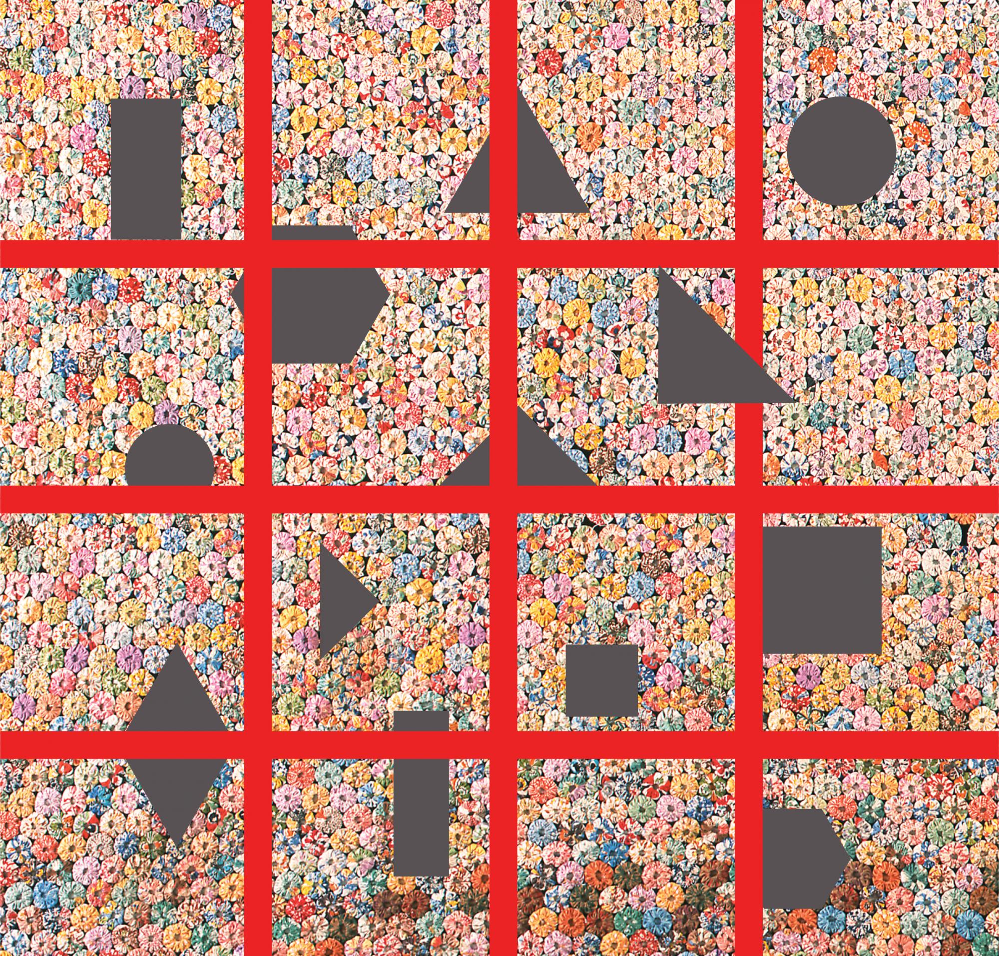 Photo of yo-yo quilt with graphic squares, triangles, rectangles and circles over it.